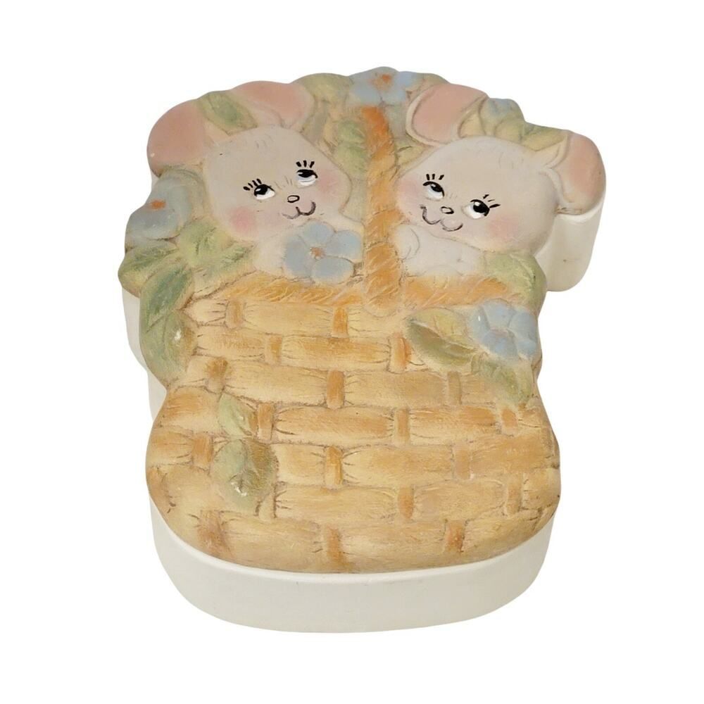 Vtg Bunnies Rabbit Easter Basket Ceramic Pottery Hand Paint Trinket Jewelry Box
